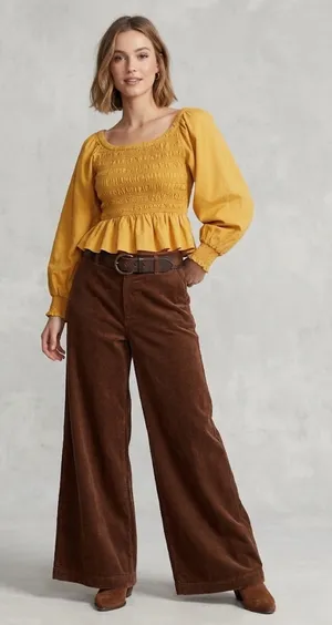 Free People mustard Yellow Smocked Peplum Blouse. thumbnail 1
