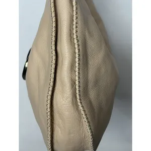 Donald J Pliner Beige Pebbled Leather Whipstitch Hobo Shoulder Bag Brass Ring thumbnail 9