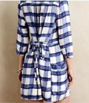 Maeve Devry Blue White Plaid Dress‎ Pockets Tie Waist 3/4 Sleeve XS Spring Party thumbnail 1