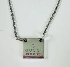 Gucci 925 Sterling Silver Square Logo Pendant Chain Necklace Made In Italy thumbnail 1