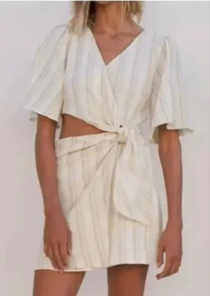 Zara Beige and Cream Striped Rustic‎ side Cut Out Wrap Mini Dress Small thumbnail 1