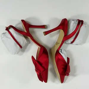 Jewel Badgley Size-7.5 Womens Mischka Francine Red Satin Bow Ankle Strap Pumps thumbnail 2