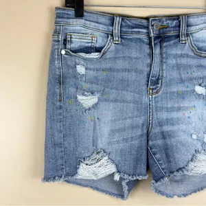 Women’s Judy Blue Denim Frayed Paint Splash Shorts Size L thumbnail 6