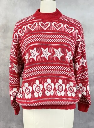 Vintage Fair Isle Sweater Womens M/L Hearts Stars Flowers Indie Nordic Cabin USA thumbnail 1