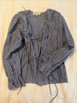 Nigel Preston For Free People Navy Gingham Tie-Front Peasant Blouse thumbnail 3