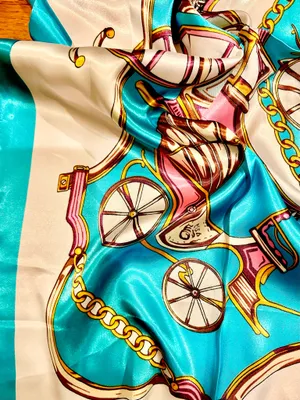 VTG Royal Regal Carriage Print turquoise/PINK oversized square Silky Scarf 35/35 thumbnail 10