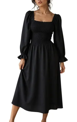 Nanette Lepore Black Smocked Peasant Midi Dress 12 thumbnail 1