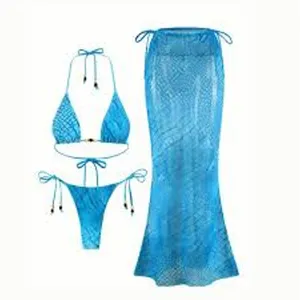 SEXY Mermaid THREE PIECE Bikini Set w Maxi Skirt Blue NEW NIP Size Small S thumbnail 2