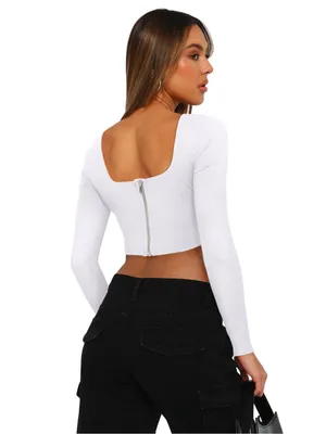 NWOT ReoRia White Corset Crop Top Small Square Neck Long Sleeve Sculpting Y2K thumbnail 4