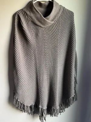 Banana Republic Poncho Sweater with Fringe Size Large Soft Brown Mock Neck thumbnail 1