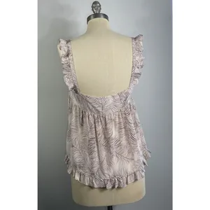 Joie Women M Silk Baby Doll Tank Top Pink Feather Print Cami 1/4 Buttons Ruffles thumbnail 3