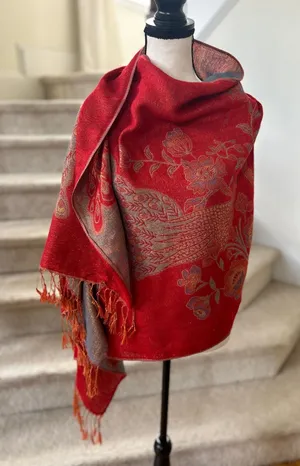 Pashmina Silk Cashmere Red Blue Metallic Gold Peacock Wrap Scarf Boho Western thumbnail 1