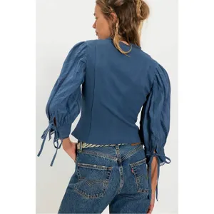 Free People Dainty Ethereal Cottage Victorian Lace Blouse Dusty Blue Large NWT thumbnail 2