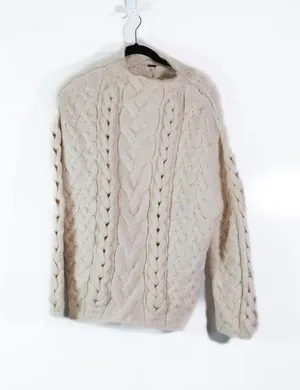 Free People Alpaca Wool Chunky Cable Knit Collarless Pullover Sweater Ivory XS thumbnail 1