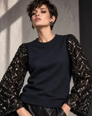 Anthropologie Maeve Tasha Sequin Lace Bell Sleeve Sweatshirt Black XS thumbnail 1