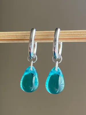 Handmade aqua teardrop Czech glass simple minimalist hoop earrings💙 thumbnail 4