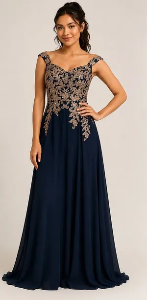 Betsy & Adam Navy Blue Gold Sequin Embroidered Gown ‎ Size 2 Sweetheart V-Back thumbnail 1