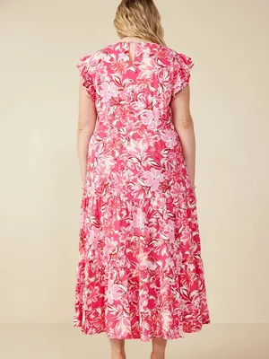 HAYDEN LA Tropical Floral Smocked Ruffled Midi Tank Dress Pink Sz Large thumbnail 2