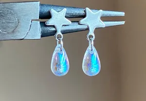 cute mini clear Czech glass teardrop simple dangle earrings 🤍🌟 thumbnail 2