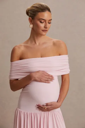 Club L Juliette Blush Pink Bardot-Neck Maternity Maxi Dress With Drop-Waist thumbnail 7