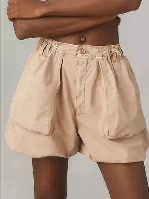 Anthropologie Pilcro Utility Shorts Bubble Hem Elastic Waist Tan Khaki Large‎ thumbnail 1