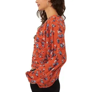 Free People New Final Rose Blouse Top Ruched Rust Orange Blue Floral Size XS thumbnail 2