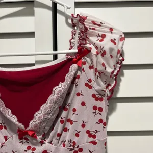 Romwe Coquette girl cherry print mesh lace trim sweetheart neckline dress red white xs thumbnail 3