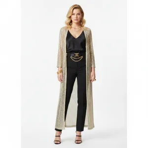 Caramela Tan & Gold Metal Embellished Open Front Sheer Duster Sweater L thumbnail 7