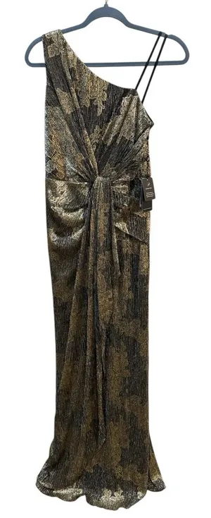 Adrianna Papell One Shoulder Metallic Gown‎ Size 2 Gold Black Prom Gala MOB thumbnail 1