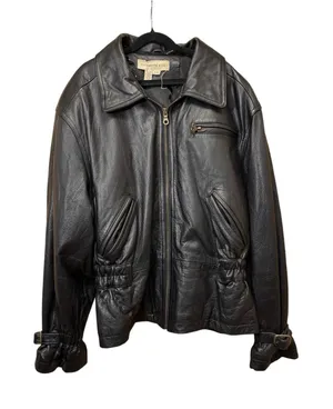 Colebrook & Company Vintage womens black leather biker cinched waist jacket szM thumbnail 1