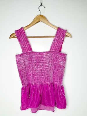 By Anthropologie Smocked Velvet Babydoll Tank Top Pink Fuchsia Medium thumbnail 7