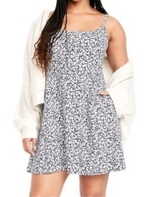 Old Navy Fit Flare Linen Blend Cami Navy White Floral Print Dress 2X Coastal Vac thumbnail 1