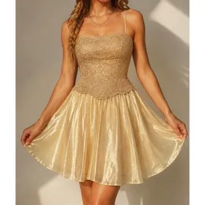 Carmen Marc Valvo Y2K 90s Champagne Gold Whimsy‎ Fairycore Festival Embroidered Corset Dress S thumbnail 2