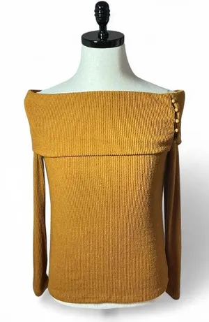 Off Shoulder Long Sleeve‎ Ribbed Knit Top With Button Detail - Mustard thumbnail 1