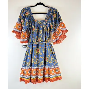 JOIE Dress Blue Chloris Mini Floral Off Shoulder Fit Flare Prairie Boho Medium thumbnail 3