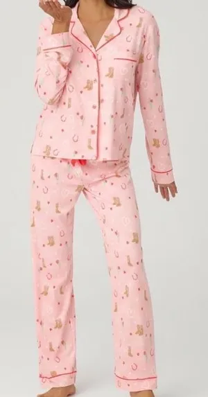 PJ Salvage Whimsy Boot Scootin Pink Pajama Set Western Cowboy Hearts Medium thumbnail 1