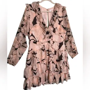 Luxxel Blush Floral Ruffle Mini Dress Romantic Cottagecore Wedding Guest Large thumbnail 4