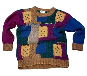 VTG All Points Grandpa Sweater Patchwork Eclectic‎ Cotton Knit Multicolor Medium Blue thumbnail 1