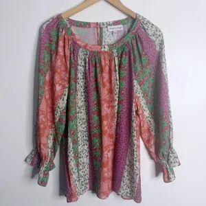 Gibson Latimer Floral Patchwork Boho Blouse XL Long Sleeve Smocked‎ Neck Artsy thumbnail 2