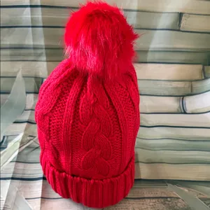 PINK - Victoria's Secret New Vibrant Red Knit Beanie with Pom Pom thumbnail 3