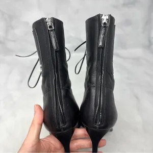 OFF-WHITE Leather Lace Up Card Holder Logo Heeled Ankle Boot Black Streetwear 36 thumbnail 9
