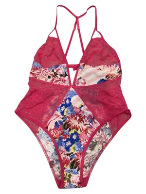 NWT Victorias Secret x Mary Katrantzou 2018 Hot Pink Plunge Floral Bodysuit thumbnail 1