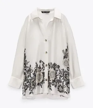 Zara White Satin Effect Printed Flowing Collared Shirt Size XS thumbnail 1