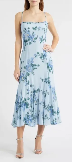 Reformation Lilibet ruffle hem midi dress in blue floral Fresh Air print NEW thumbnail 1