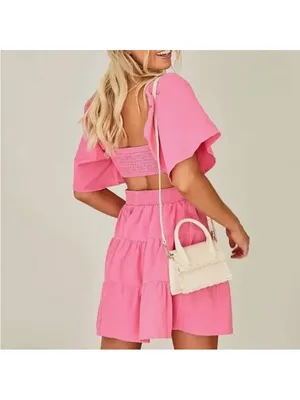 Shy Velvet Dress Womens L Crossover Cut Out‎ Waist Mini Summer Square Neck Pink thumbnail 6