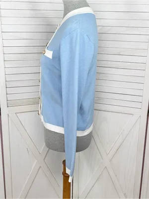 Emerson Lang Cardigan Sweater Button Front Contrast Trim Blue White Medium thumbnail 2