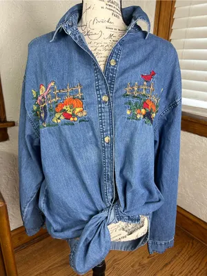 VTG 90’s Solution Originals Embroidered Fall Scene Denim Button Up Shirt Size L thumbnail 12