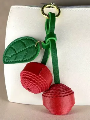 NIB Cherry Faux Leather Bag Charm Keychain Red Green Gold thumbnail 2