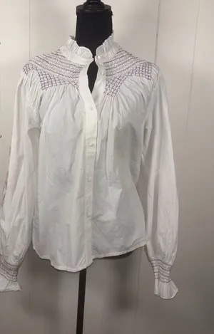 veroalfie‎ embroidered ruggle smocked blouse white Puff Sleeve Anthropologie 2 thumbnail 1