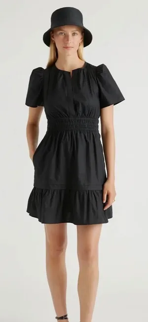 Quince Organic Cotton Poplin Tiered Mini Dress Black Short Sleeve‎ Smocked M thumbnail 1